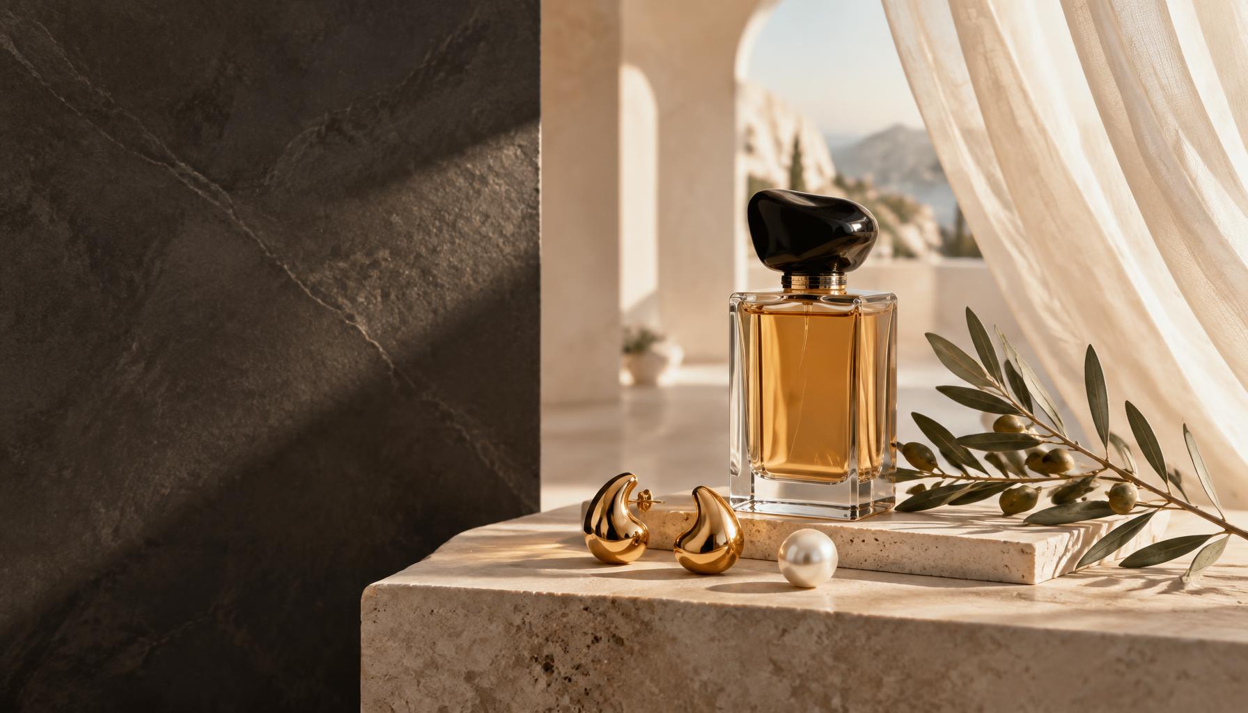 Amber fragrance, sculptural gold earrings and a pearl on sunlit limestone